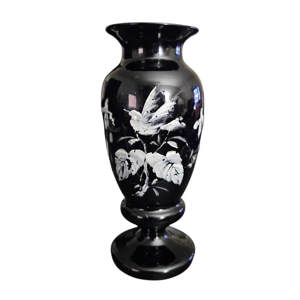 Vintage Black Amethyst Glass Vase White Floral Enamel Pedestal Vase